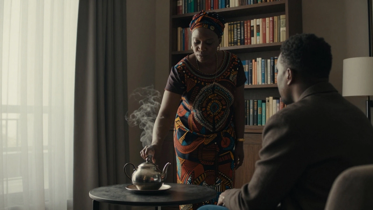 A Nigerian woman in a Dubai apartment places tea on a table beside books, surrounded by quiet intimacy and respect.