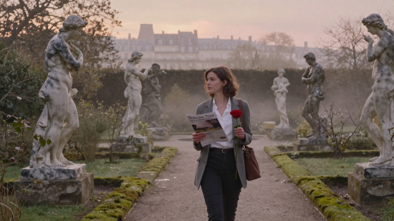 A woman walking through a misty Parisian garden at dawn, holding a newsletter and a rose.