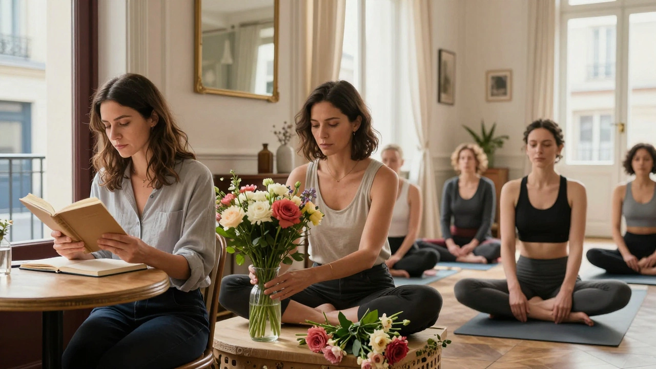 Three women engaged in calm, everyday activities: reading, arranging flowers, and teaching yoga in Paris.